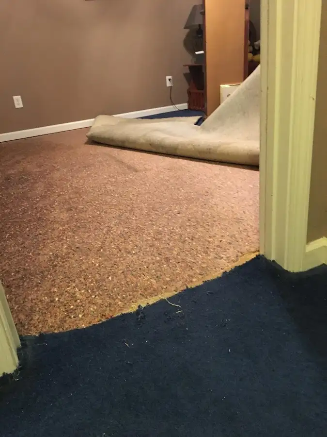 Carpet pad removal revealing water damage during Drying & Dehumidification in Asbury Park